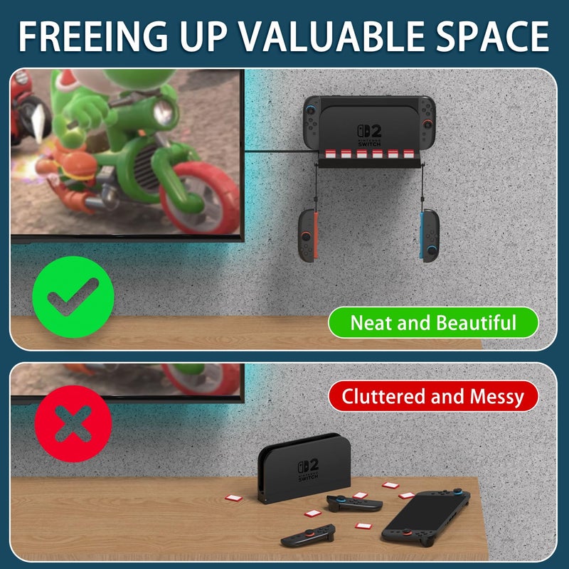 JUSPRO Metal Wall Mount for Nintendo Switch 2, Space-Saving Dock Bracket with 12 Game Card Slots & 2 Joy-Con Hangers - Perfect for Behind TV, Sturdy Organizer for Switch 2 Accessories - Image 3